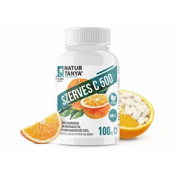 Natur Tanya® SZERVES C 500 savmentes, gyomorbarát C-vitamint és citrus bioflavonoidokat tartalmazó, narancs ízű étrend-kiegészítő rágótabletta, természetes sztévia édesítőszerrel, 100db