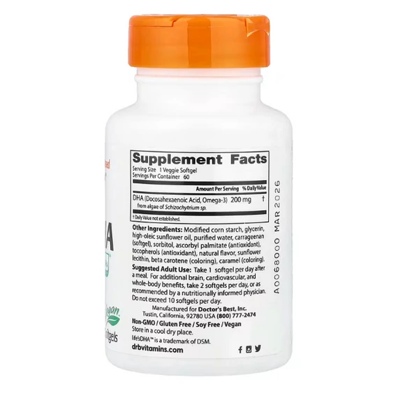 Doctor's Best Vegán DHA algából, 200 mg, növényi lágyzselatin kapszula, 60 db