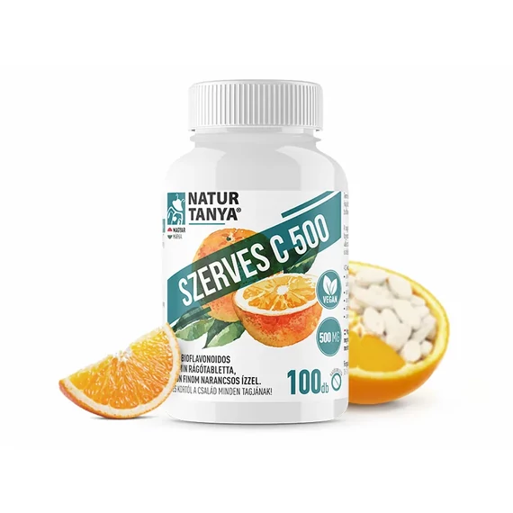 Natur Tanya® SZERVES C 500 savmentes, gyomorbarát C-vitamint és citrus bioflavonoidokat tartalmazó, narancs ízű étrend-kiegészítő rágótabletta, természetes sztévia édesítőszerrel, 100db