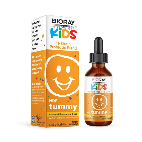 Bioray Kids DF Tummy, 11 törzset tartalmazó probiotikus keverék, málnás ízű, 60 ml