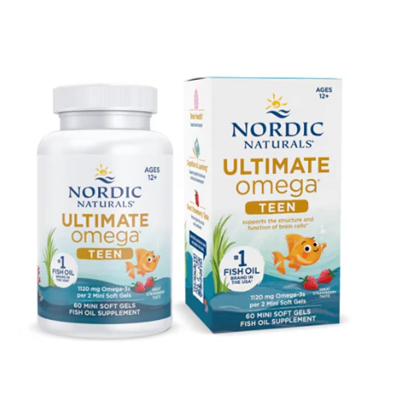Nordic NaturalsTeen Ultimate Omega® halolaj, eper ízű, 12 éves kortól, 60 db mini lágyzselatin kapszula
