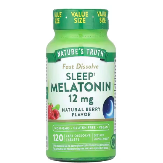 Nature's Truth Melatonin, természetes bogyós íz, 12 mg, 120 db gyorsan oldódó tabletta