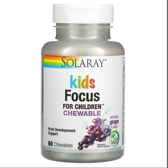 Focus For Children, mentális fókusz támogatása gyermekeknek, szőlő íz, 60 db, Solaray