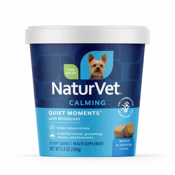 NaturVet Quiet Moments melatoninnal, nyugtató formula kutyáknak, bacon és csirke ízben, 70 puha rágófalat