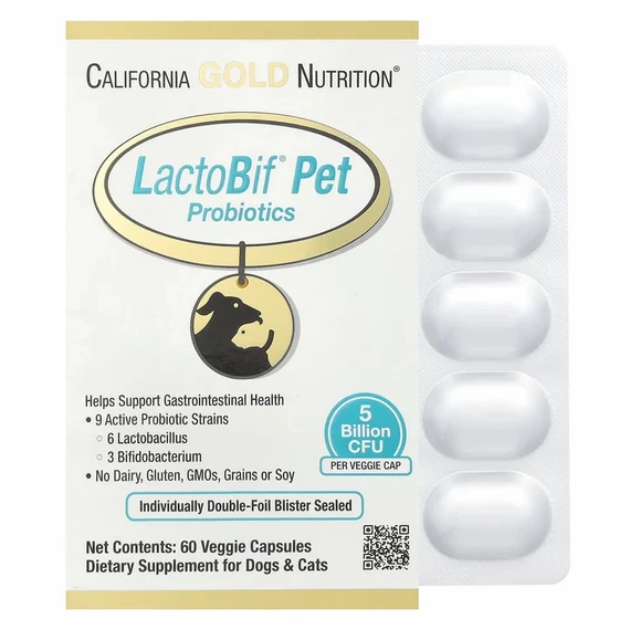 California Gold Nutrition LactoBif Pet Probiotikum, 5 milliárd CFU, 60 növényi kapszula