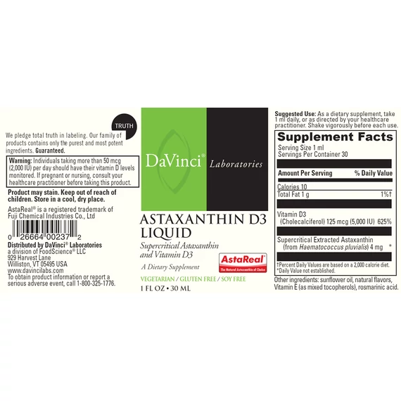 Astaxanthin D3, folyékony, 30 ml, DaVinci Laboratories of Vermont